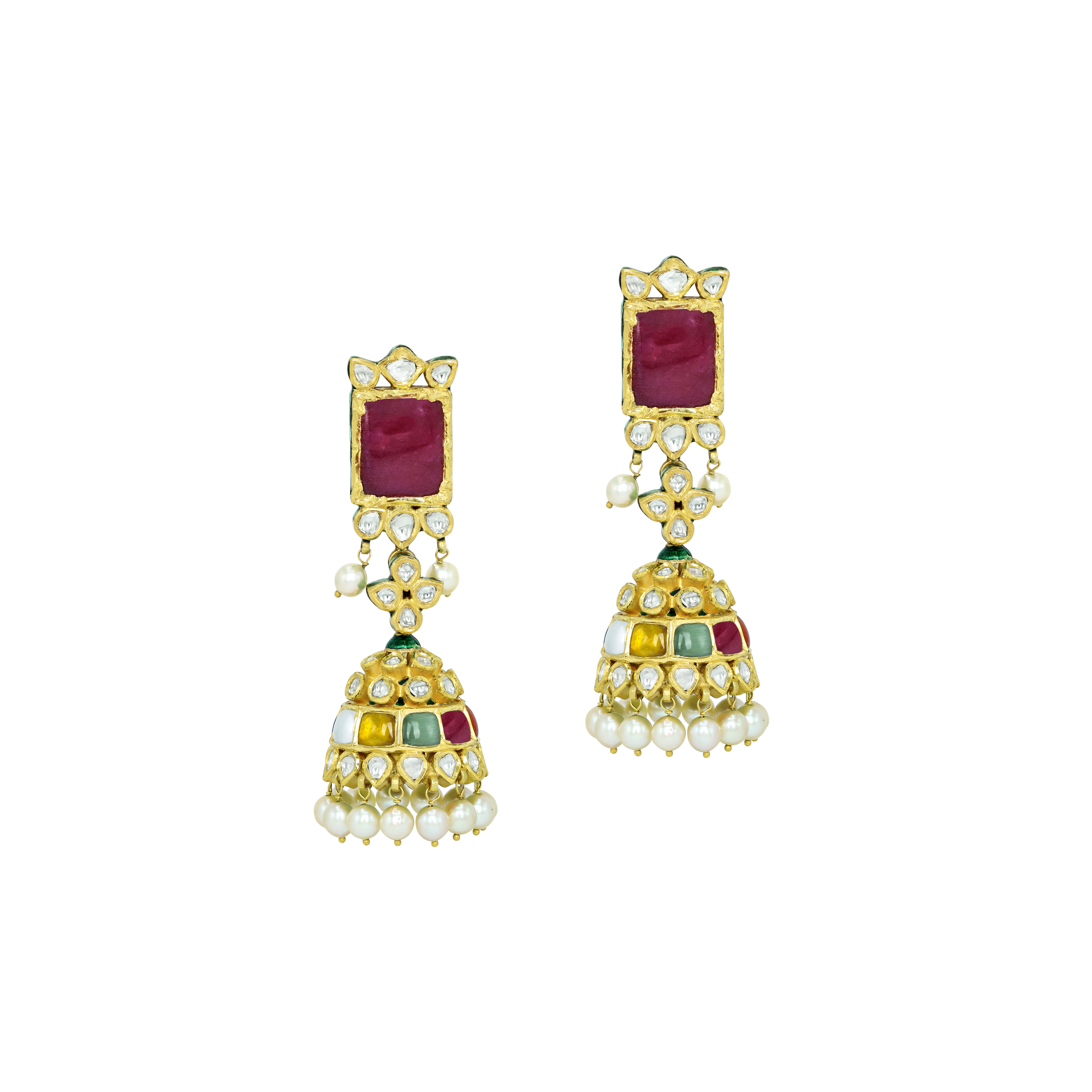 Navratan Jhumki Earrings with Polki and Pearl Drops